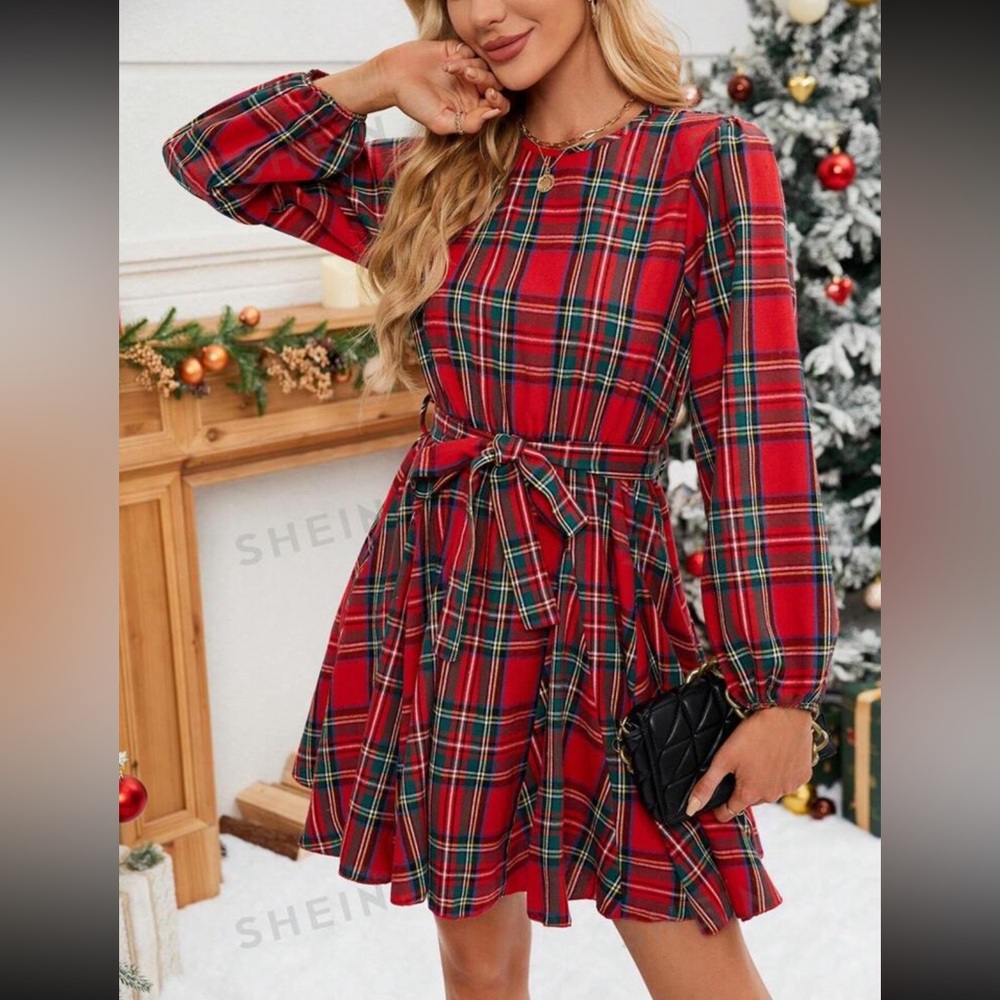 SHEIN Red Plaid Christmas Dress